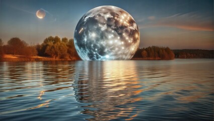 Canvas Print - full blue moon over cold night water.