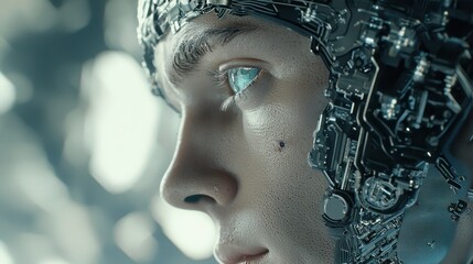 Poster - Cyborg Humanoid Face Close Up   Futuristic Technology Concept