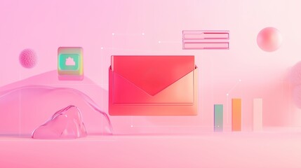 Poster - Colorful digital envelope and abstract shapes in a vibrant pink background, showcasing modern design elements and playful aesthetics