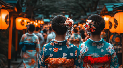 Two women wearing kimonos stand in front of a crowd of people