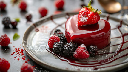 a beautifully arranged dessert plate featuring a heart-shaped mousse cake topped with a shiny red gl