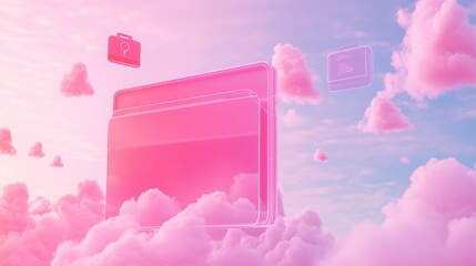 Poster - digital cloud storage concept with floating file icons against a colorful sky at sunset