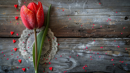 Wall Mural - A flat lay of a single red tulip resting on a vintage lace doily, with small heart-shaped confetti sprinkled around it on a rustic wooden table.