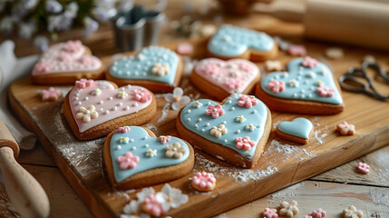 Wall Mural - A flat lay of heart-shaped cookies decorated with pastel icing and small fondant flowers, placed on a wooden board with a rolling pin and cookie cutters in the background.