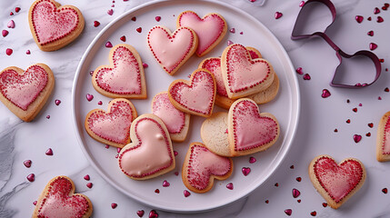 Wall Mural - A flat lay of heart-shaped cookies with different shades of pink and red icing, arranged in a circle on a white ceramic plate with a heart-shaped cookie cutter beside them.