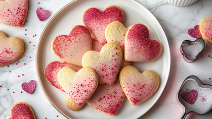 Wall Mural - A flat lay of heart-shaped cookies with different shades of pink and red icing, arranged in a circle on a white ceramic plate with a heart-shaped cookie cutter beside them.