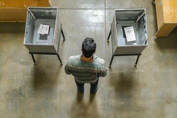 Man standing between two voting booths, contemplating choice during election in a polling station. Top-down view, democratic process, and decision-making.