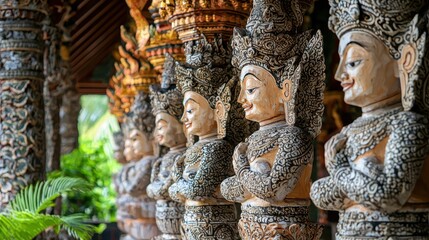 Wall Mural - Ornate Carved Wooden Statues in a Traditional Asian Temple