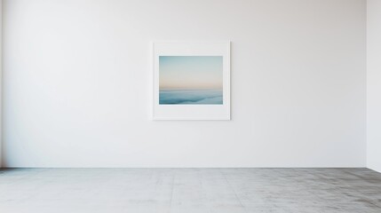 Poster - Minimalist art gallery with a framed landscape painting on a white wall during daylight hours