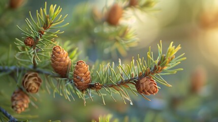 Wall Mural - 07231249 371. Macro shot of brown seed cones and young female developing cone on a larch tree, set against a natural background with selective focus on the intricate details