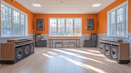 inside a music room at a school, with musical instruments, practice areas, and soundproof walls.