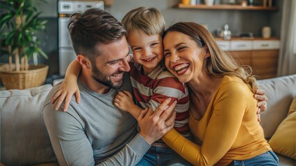 Canvas Print -  happy young family smiling and embracing while bone