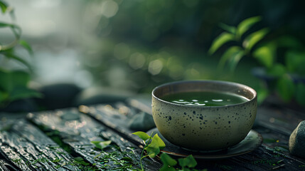 Steaming bowl of matcha tea rests on a wooden table overlooking a tranquil japanese garden on a rainy day