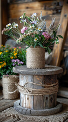 Wall Mural - A DIY podium made from a repurposed wooden spool, with a rustic finish and decorative elements like burlap and twine, set in a charming, country-style setting.