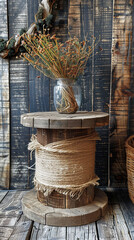 Wall Mural - A DIY podium made from a repurposed wooden spool, with a rustic finish and decorative elements like burlap and twine, set in a charming, country-style setting.