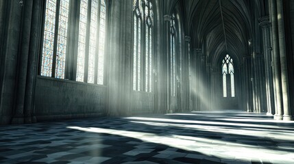 Poster - Sunlight Streaming Through Stained Glass Windows In Cathedral Hallway