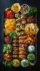 Wall Mural - A flat lay of a delightful assortment of finger foods including sliders, nachos, and dips, arranged on a large serving platter with garnishes.