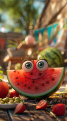 Wall Mural - A lovable, smiling watermelon slice with big eyes and a joyful grin, placed on a picnic table with summer treats.