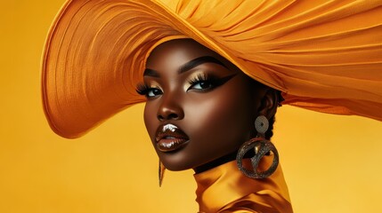 An African American woman exudes confidence in striking yellow fashion and a dramatic hat, posing against a matching backdrop