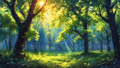 Wall Mural - A vibrant forest scene, lush trees and sunshine shines through the branches, creating a peaceful and dreamy atmosphere.