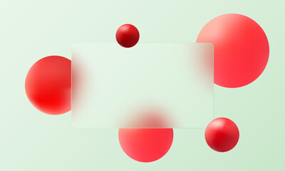 Poster - Glass morphism website landing page template. Glass partition background with floating red spheres.