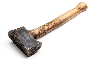 Rustic, old wooden handle axe with a worn metal head on white background, depicting vintage woodworking and manual labor tools.