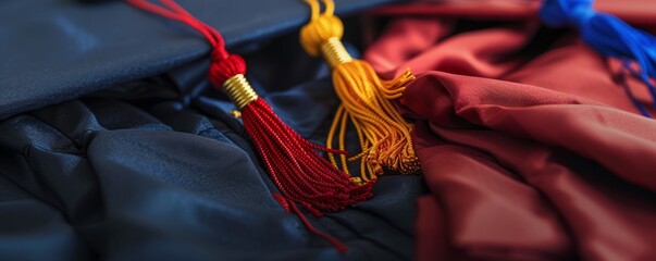 Graduation cap and gown displayed with honor cords, 4K hyperrealistic photo