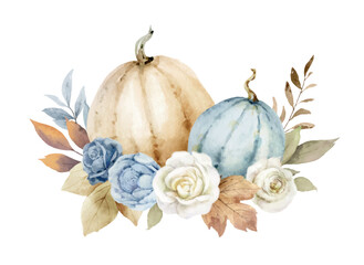 Wall Mural - watercolor vector floral pumpkins arrangement. beige and blue leaves and flowers for harvest, greeti