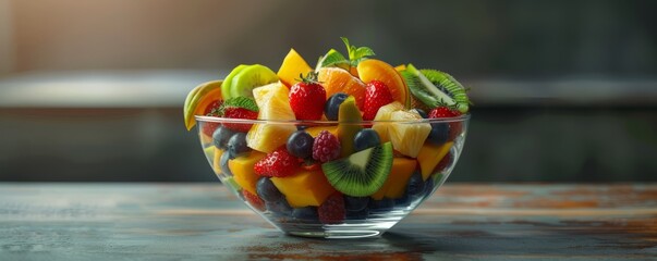 Wall Mural - Colorful fruit salad in glass bowl, 4K hyperrealistic photo