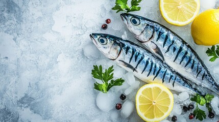 two fresh mackerel fish on ice with lemon slices and mint leaves, top view on blue stone background,