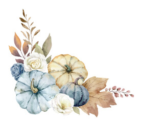 Wall Mural - watercolor vector floral pumpkins corner border. beige and blue leaves and flowers for harvest, gree