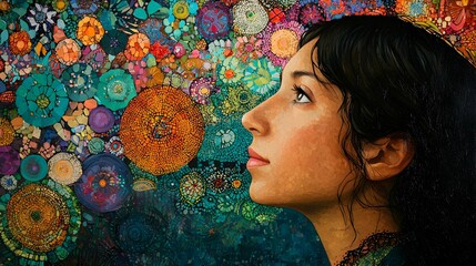 Wall Mural - Mosaic Portrait of a Woman with Colorful Flowers