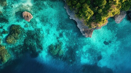 Wall Mural - Top view of the turquoise waters and reef formations around Togean Islands in Central Sulawesi