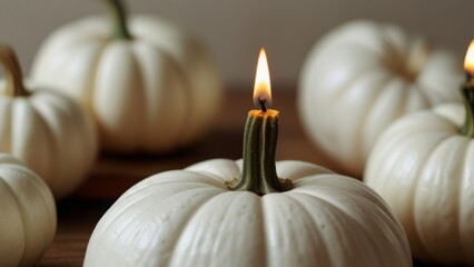 a candle in the form of a pumpkin, White pumpkin for Halloween with white candles on a white background