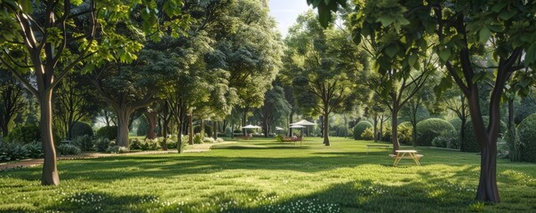 Wall Mural - Lush park with shaded picnic spots and tall trees, 4K hyperrealistic photo