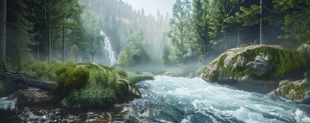 Crystal-clear mountain river flowing through a forest, 4K hyperrealistic photo