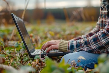 Sticker - Close up The farmer uses a laptop on the background of the field, AI Generative