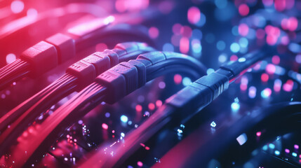 A close-up of network cables set against a fiber optic backdrop, emphasizing high-speed data connections. 