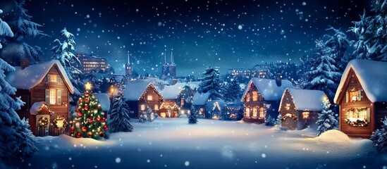 Wall Mural - Central stage for product display, snowy Christmas town in the background, holiday warmth, serene, AI Generative