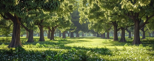 Wall Mural - Lush park with a grove of maple trees and walking paths, 4K hyperrealistic photo