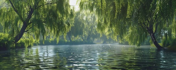 Wall Mural - Tranquil river with willow trees along the banks, 4K hyperrealistic photo