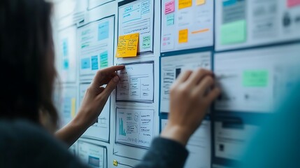 UX Designer Working on Wireframes with Sticky Notes