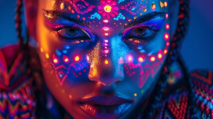 Poster - beautiful close up of neon facepaint of a woman, with tribal like multicolored facepaint, in neon cineamtic lighting, close up face portrait, AI Generative