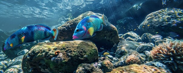 Colorful parrotfish grazing on algae-covered rocks, 4K hyperrealistic photo