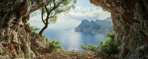 Tunnel exit with a panoramic view of the sea, 4K hyperrealistic photo