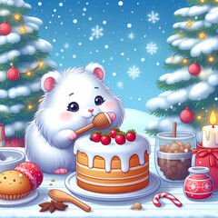 Winter white dwarf hamster baking a cake, cartoon