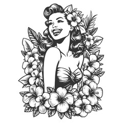 Wall Mural - Hawaiian pin-up girl adorned with floral lei and exotic flowers sketch engraving generative ai fictional character raster illustration. Scratch board imitation. Black and white image.