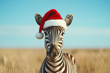 zebra wearing a Santa hat on a savanna background. Christmas animal concept. New Year and Christmas card template with copy space.