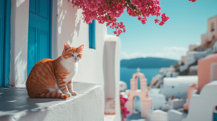 Beautiful Greek island city with pink Bougainvillea flowers and white buildings with blue doors in Santorini style , Greece. red cat sitting on the wall. Travel background concept with copy space 