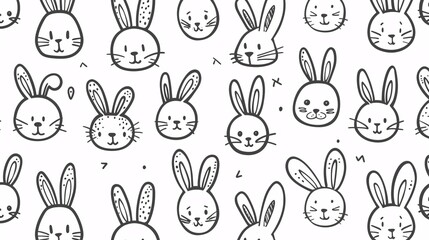 07231249 447. Adorable line art pattern of bunny faces, drawn in a cute and minimalist style on a white background, ideal for baby clothing and rodent animal character designs